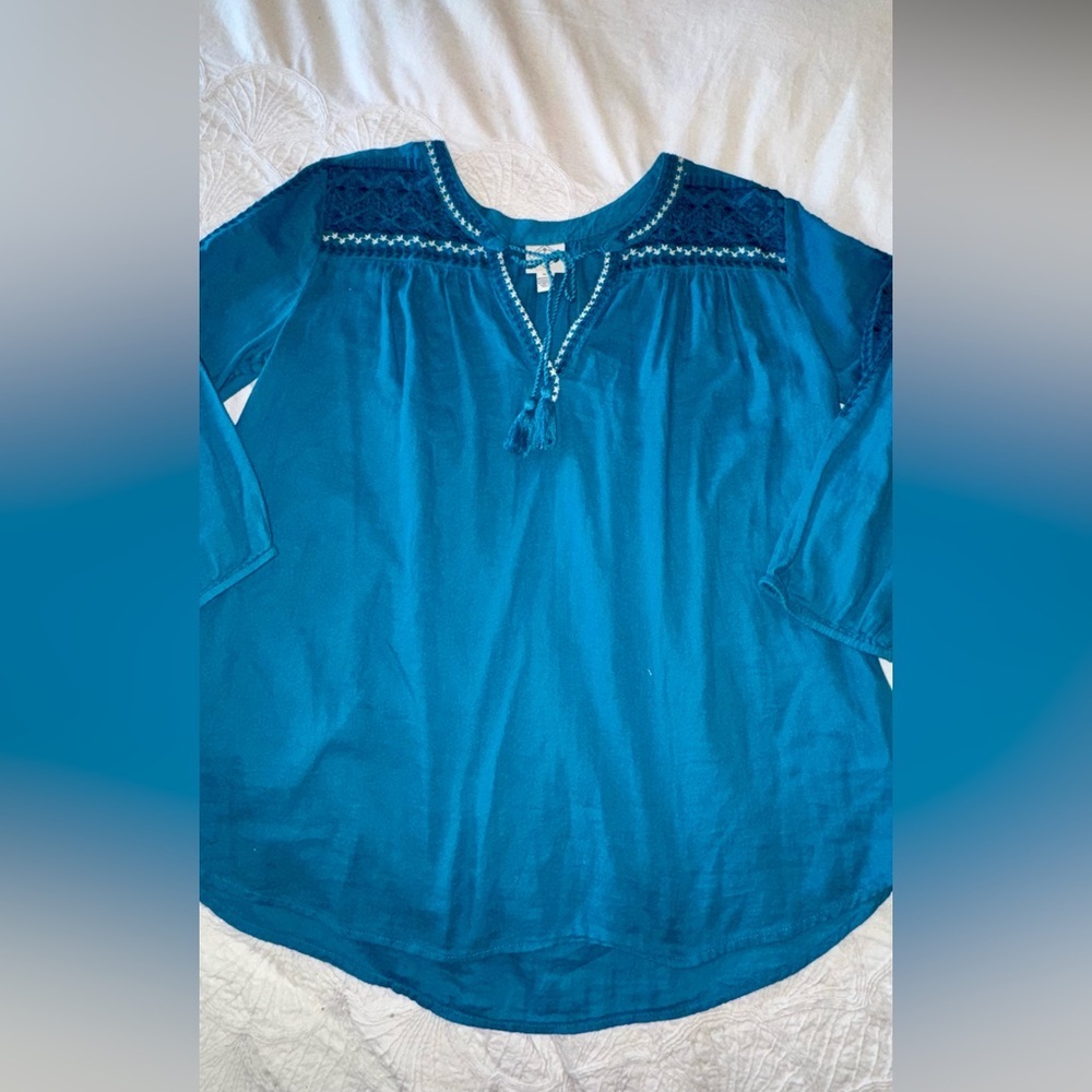 St. John’s Bay Boho Embroidered Peasant Top – Teal Blue – XL